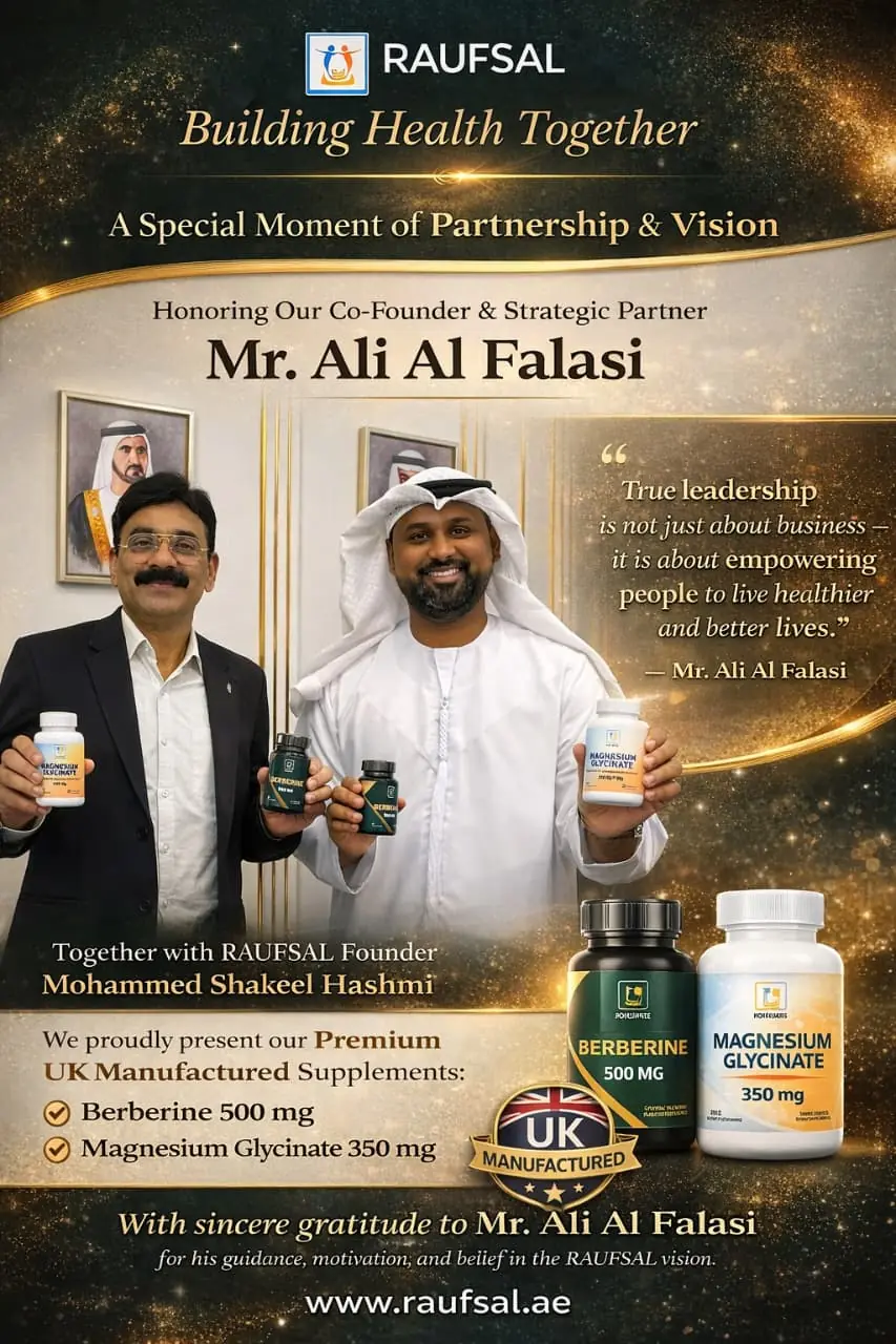 RAUFSAL artwork honouring co-founder and strategic partner Mr. Ali Al Falasi alongside founder Mohammed Shakeel Hashmi and the RAUFSAL supplement range