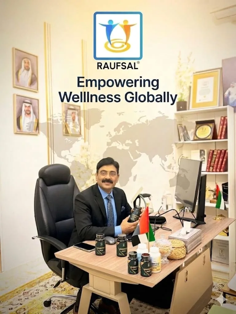 Mohammed Shakeel Hashmi at his desk in the RAUFSAL office with the RAUFSAL supplement range