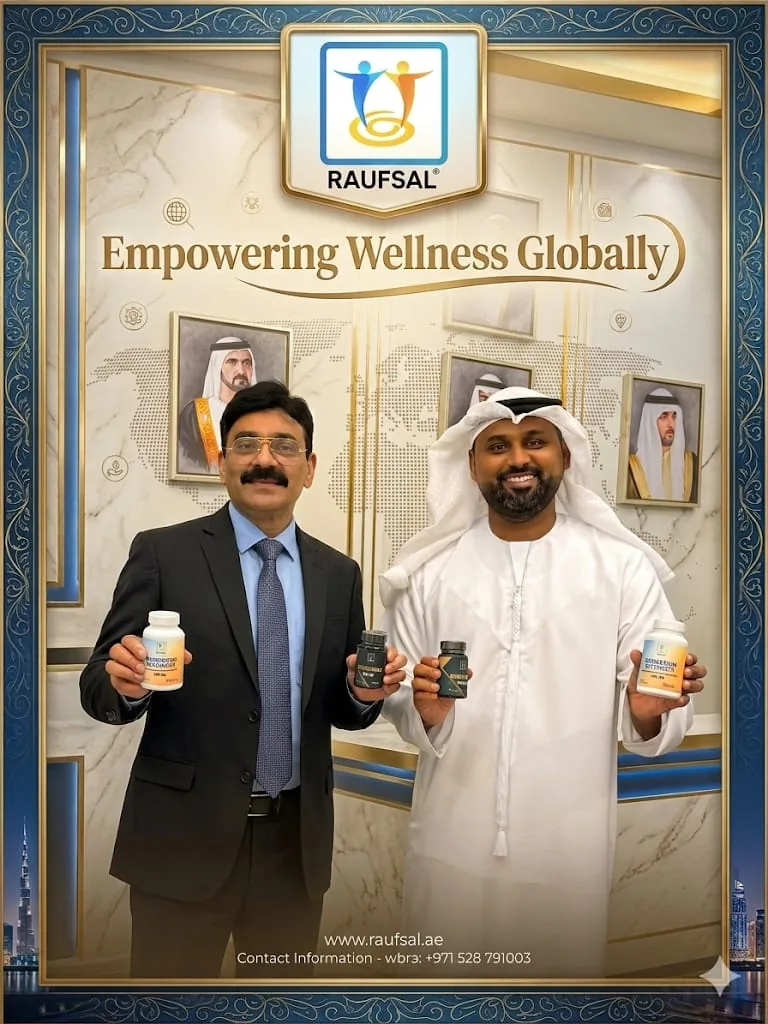 Mohammed Shakeel Hashmi presenting RAUFSAL supplements alongside a UAE partner